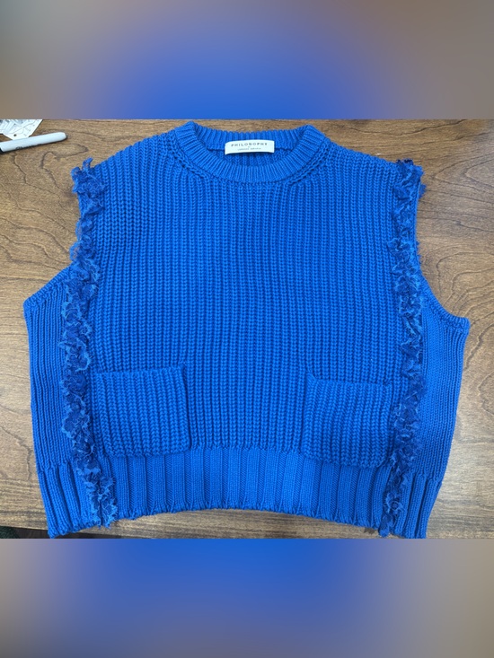 Philosophy di Lorenzo Serafini Sweaters - Philosophy di Lorenzo Serafini blue knit vest w lace & fraye